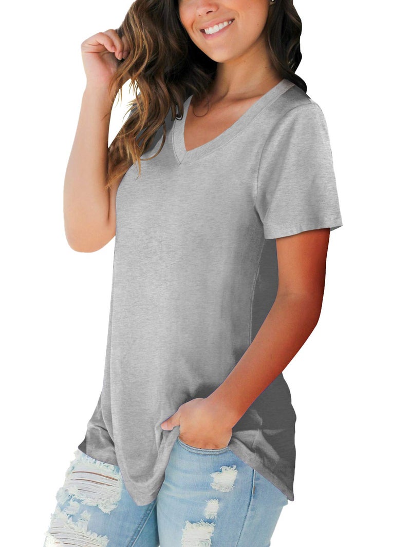 SAMPEEL Juniors Casual Tops Short Sleeve V Neck Spring T Shirts Boho Tee Shirts Grey XL - Image 2